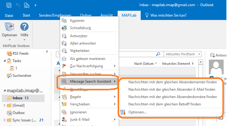 Outlook mit Kontextmenü des Message Search Assistant: Nachrichten mit gleichem Absender, gleicher Domain oder gleichem Betreff finden
