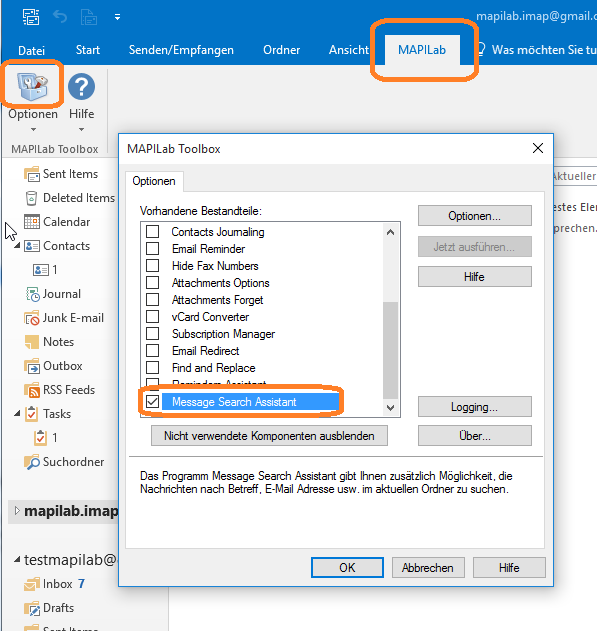 Outlook-Menüband mit der Registerkarte MAPILab und dem Optionen-Dialog der Toolbox