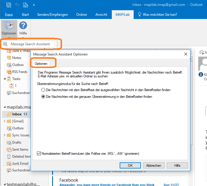 Optionen des Message Search Assistant in Outlook