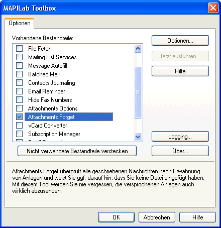 Dialog „MAPILab Toolbox“: Liste der vorhandenen Bestandteile, Attachments Forget ist aktiviert