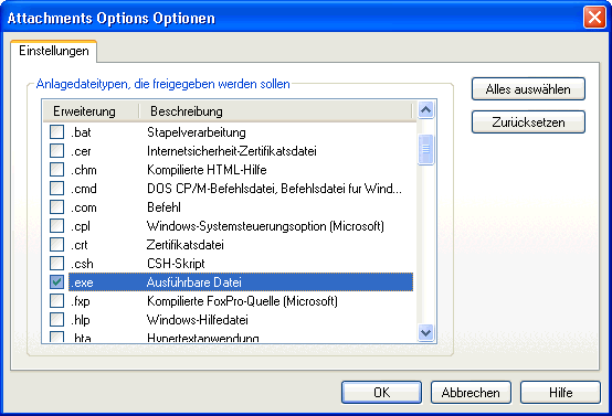 Dialog „Attachments Options Optionen“ mit der Liste der Dateitypen, die als sicher gelten