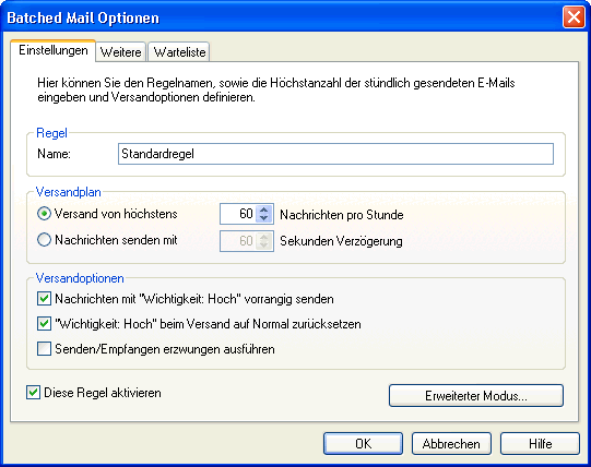 Dialog „Batched Mail Optionen“ mit Höchstzahl der Nachrichten pro Stunde