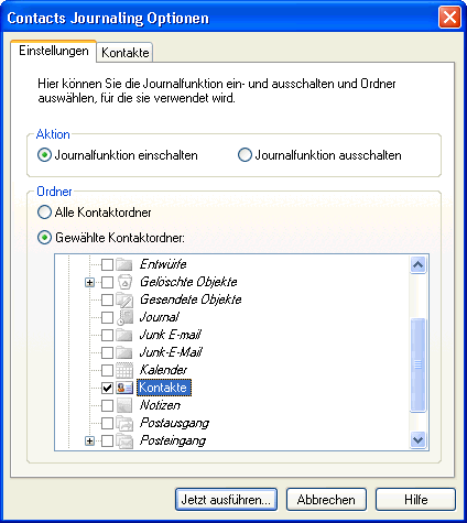 Dialog „Contacts Journaling Optionen“ mit Auswahl der Kontaktordner