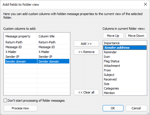 Dialog „Add fields to folder view“ mit Spalten wie Sender IP und Return-Path