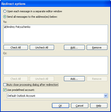 Dialog „Redirect options“ mit den Empfängern der Umleitung