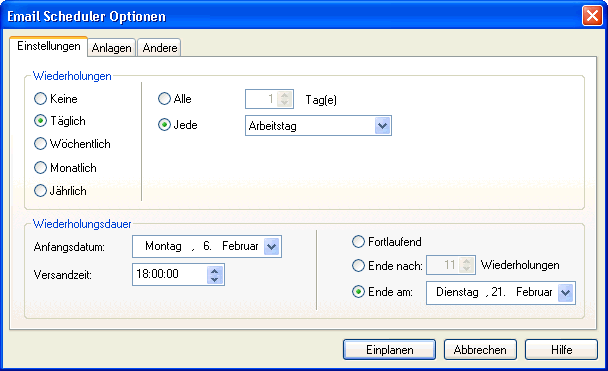 Regeloptionen am Beispiel des Email Schedulers