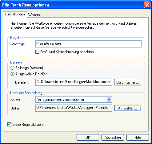 Dialog „File Fetch Regeloptionen“ mit Wortfolge, Dateien und Ordner