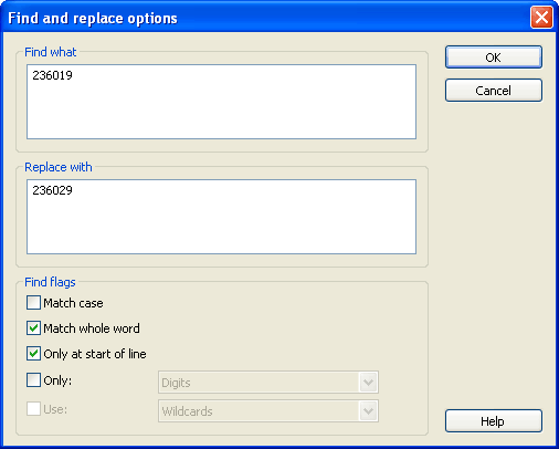 Dialog „Find and replace options“ mit Such- und Ersetzungswert