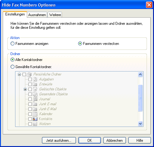 Dialog „Hide Fax Numbers Optionen“ mit Auswahl der Kontaktordner