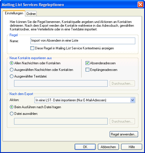 Dialog „Mailing List Services Regeloptionen“ für den Import von Absendern in eine Liste