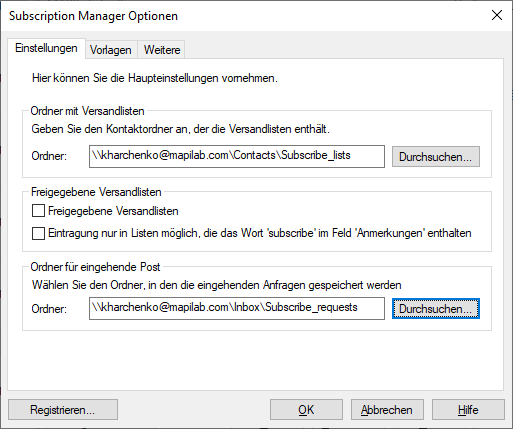 Dialog „Subscription Manager Optionen“ mit Kontaktordner und Befehlen