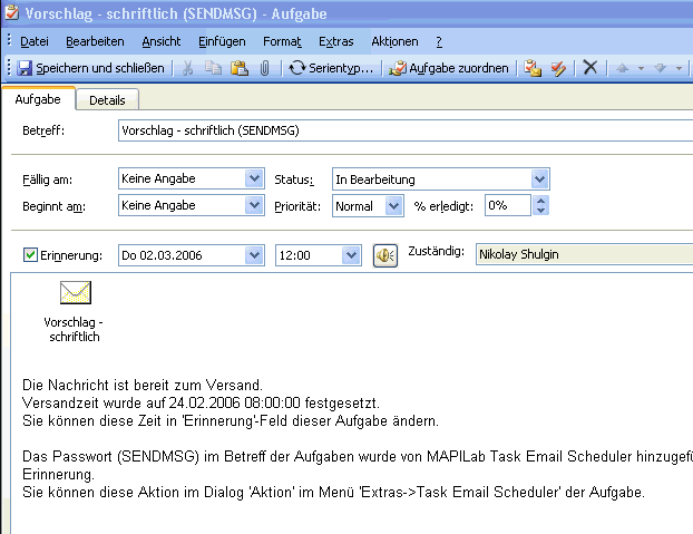 Outlook-Aufgabe, an die eine Nachricht für den Versand angehängt ist