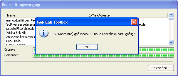 Fortschrittsmeldung des vCard Converters: 62 Kontakte gefunden